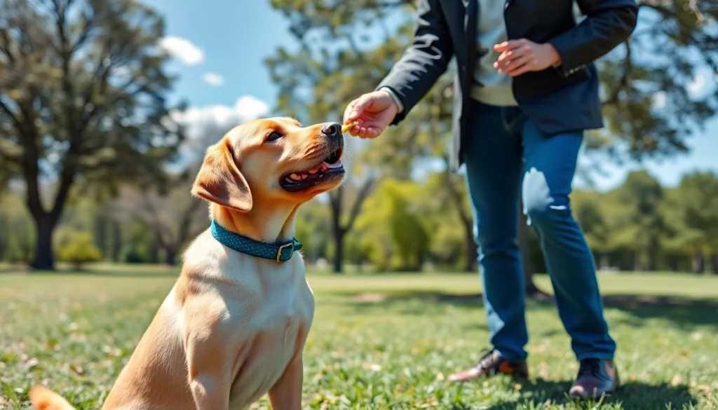 Engaging Dog Training Irvine session featuring a trainer and a Labrador in a park.