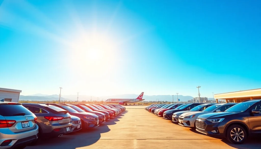 Showcase of diverse cars emphasizing cheap car rental deals at a scenic airport.
