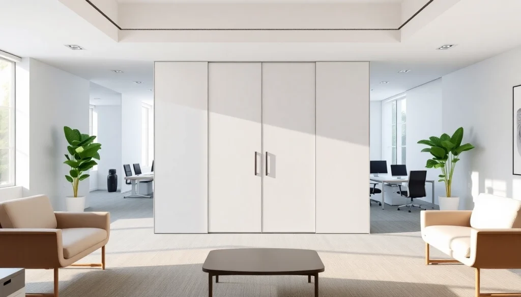 Enhance your space with a sliding partition wall that elegantly divides work areas in a modern office.