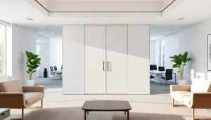 Enhance your space with a sliding partition wall that elegantly divides work areas in a modern office.