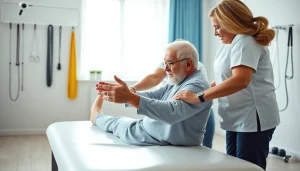 Providing senior physiotherapy in Edmonton, a therapist assists an elderly patient during a rehabilitation session.