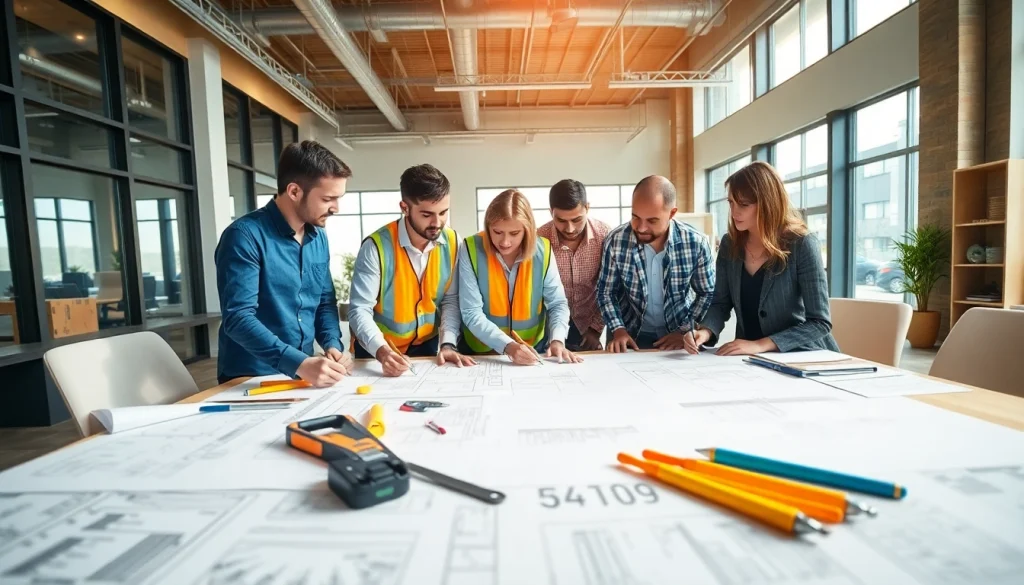 Highlighting NVQ Level 6 construction site management answers, a team collaborates over blueprints in a bright office.