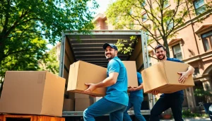 Skilled Brooklyn movers expertly packing a truck amidst the city's vibrant backdrop.