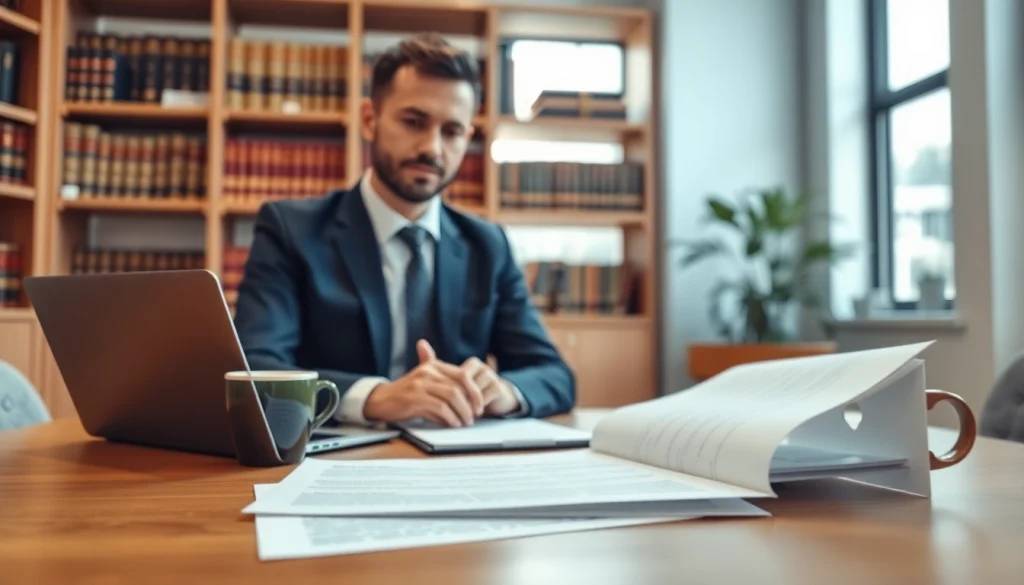 Legal consultant reviewing trademark application paperwork in a bright office.