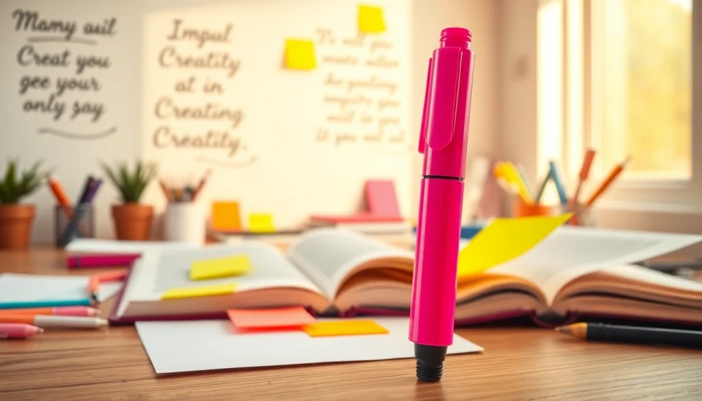 Bright pink highlighter pen among colorful sticky notes on a sunlit workspace.