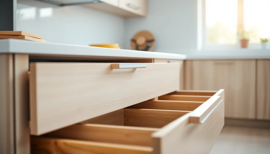 Showcasing a slim box drawer system highlighting its efficient design and modern appeal in a kitchen.