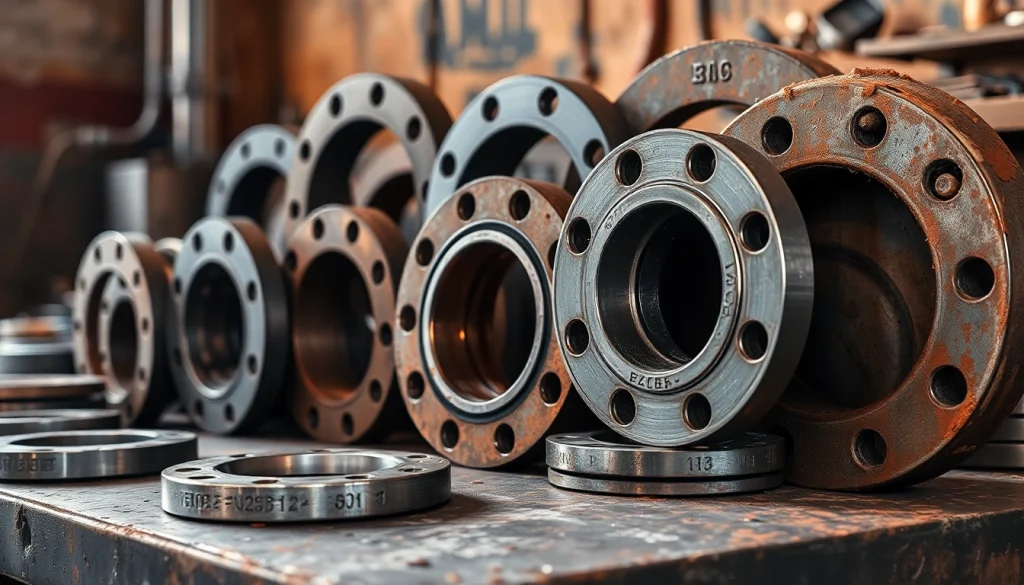 Inspect various durable flanges featuring different sizes and materials on a workbench.