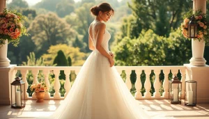 Admire the elegant fit and flare wedding dresses showcased on a beautiful bridal model in a garden setting.