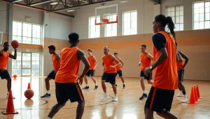 Practicing basketball training programs with young athletes engaged in drills in a modern gym.