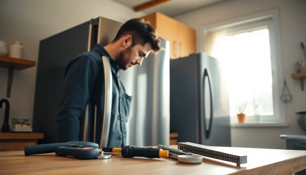 Technician performing fridge repair halifax in a cozy kitchen setting surrounded by tools.