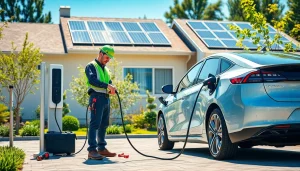 EV charger installation by an electrician connecting a charging station to an electric vehicle.
