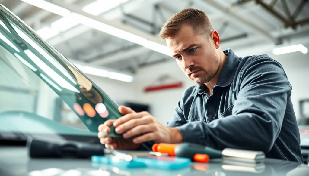 Auto Glass Replacement technician skillfully replacing a windshield in a bright garage setting.