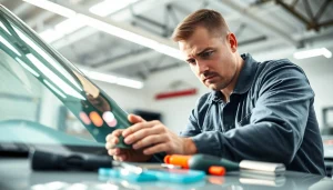 Auto Glass Replacement technician skillfully replacing a windshield in a bright garage setting.