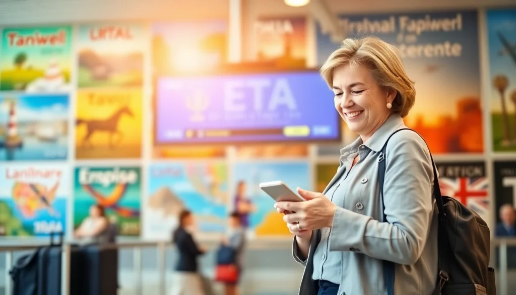 Traveler checking uk eta online application status at airport terminal.