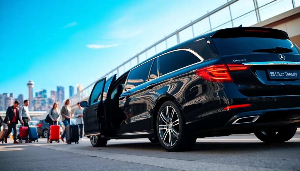 Airport transfers with luxury vehicle and passengers at an urban airport terminal.