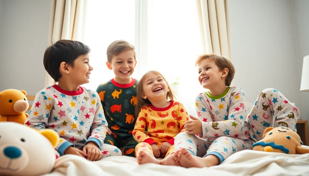 Children enjoying playtime in colorful kids pajamas on a cozy bed.