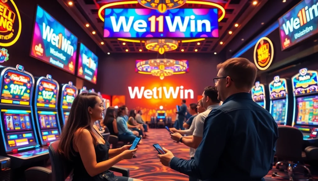 Experience the thrilling atmosphere of We1Win Casino, showcasing dynamic gaming with colorful lights and excited players.