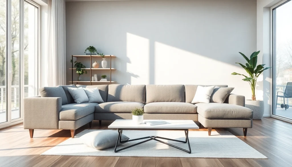 Entdecken Sie ein elegantes ecksofa mit schlaffunktion und modernem Design in einem einladenden Wohnzimmer.