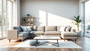 Entdecken Sie ein elegantes ecksofa mit schlaffunktion und modernem Design in einem einladenden Wohnzimmer.