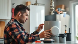 Efficient raleigh water heater installation by a professional plumber in a clean kitchen.