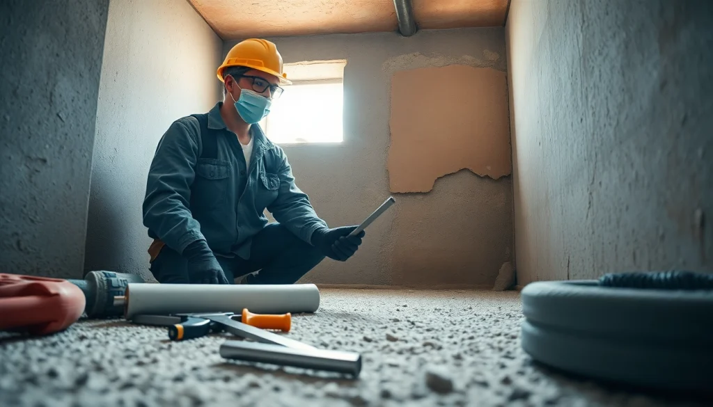 Basement sealing company near me geneva contractor inspecting waterproofing with tools and equipment.