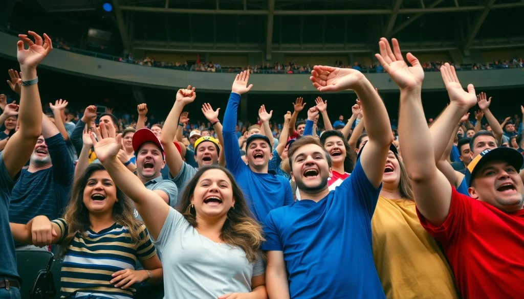 Cheering fans celebrating a judi bola terpercaya event with excitement in a lively stadium