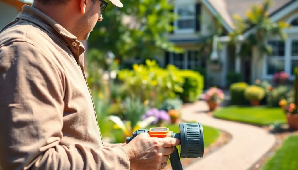 Pest control technician inspecting for pests in a home garden, ensuring safety and prevention.