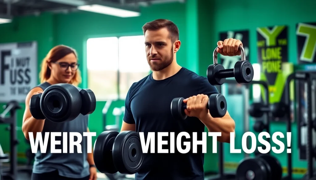 Engaging exercise scene with weights for weight loss in a bright gym environment.