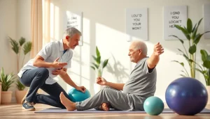 Engaging senior physiotherapy edmonton session with a therapist guiding a patient through gentle exercises.