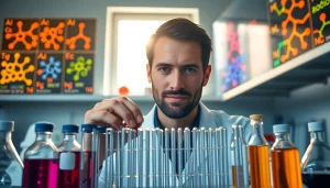 A scientist studies amino acids in a vibrant laboratory, showcasing colorful structures and equipment.