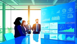 Analyze competitive intelligence strategies in a professional business meeting setting.