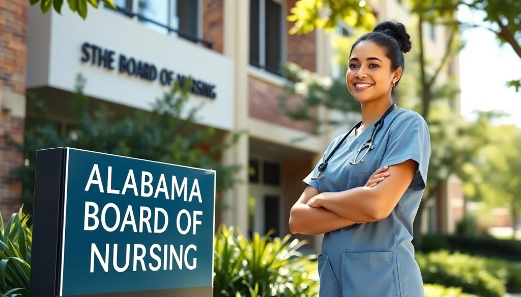 Engaged nurse representing the mission of the Alabama Board of Nursing in front of a state office.