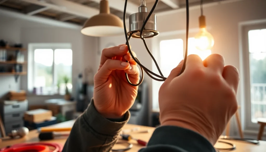 Electrician installing a modern lighting fixture with precision in a well-lit space.