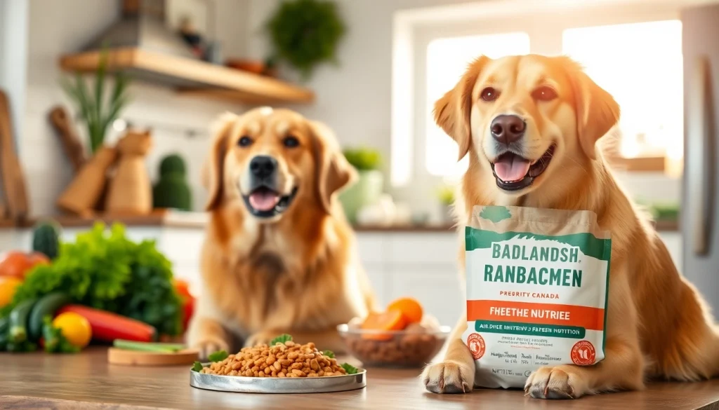 Showcasing a happy dog enjoying Badlands Ranch dog food Canada in a vibrant kitchen setting.