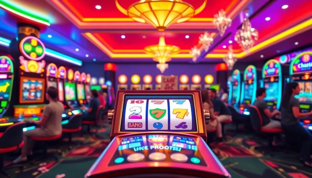 Engaging pgslot gaming experience depicts vibrant slot machine action in a lively casino.