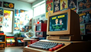 Engaging scene of retro gaming setup to play dos games featuring iconic characters and vibrant colors.