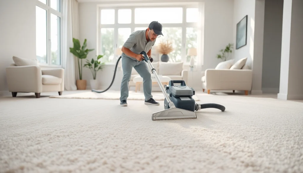 Professional carpet cleaning services in philadelphia showcased by a technician in a bright living room.