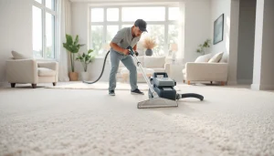 Professional carpet cleaning services in philadelphia showcased by a technician in a bright living room.