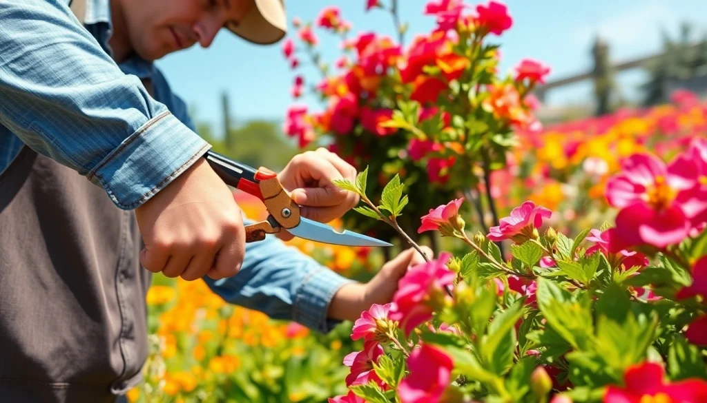 Snoeien van een struik door een professionele tuinier met heldere bloemen op de achtergrond.