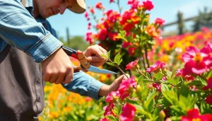 Snoeien van een struik door een professionele tuinier met heldere bloemen op de achtergrond.