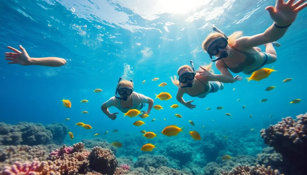 Snorkeling Puerto Rico with vibrant coral reefs and colorful marine life around snorkelers.