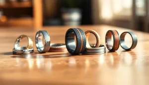 Showcase a diverse selection of men's wedding bands highlighting unique designs and materials.