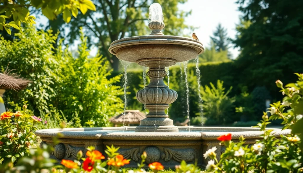 Schöner gartenbrunnen aus Stein mit fließendem Wasser im Garten