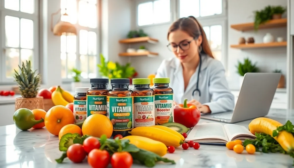 Showcasing various Vitamin Boosters with fresh fruits and vegetables in a bright kitchen setting.