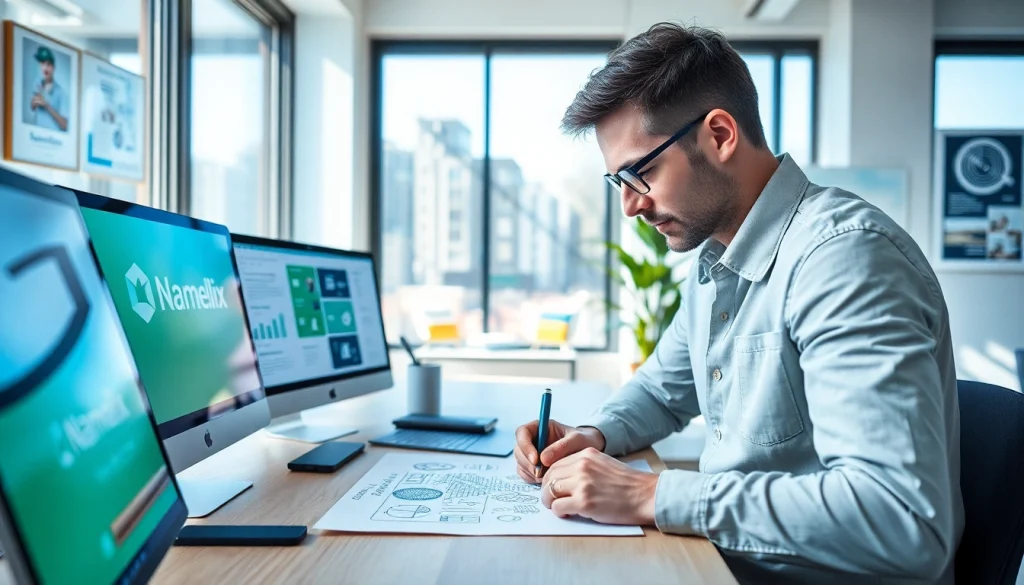 Namelix logo design process illustrating a designer's workspace filled with creativity.