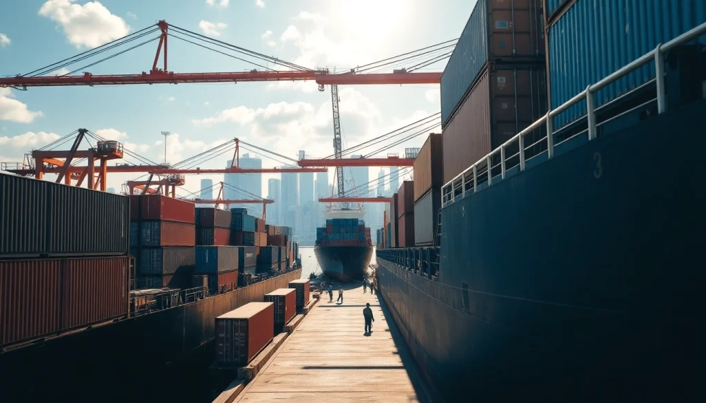 Showcasing exports with bustling cargo ships and containers at a vibrant port.