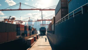 Showcasing exports with bustling cargo ships and containers at a vibrant port.