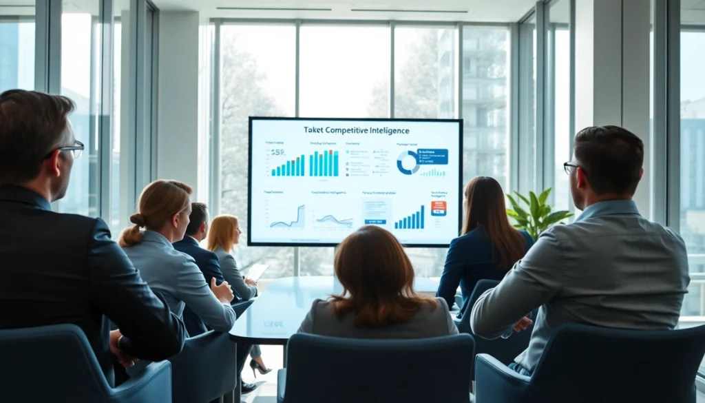 Analyze competitive intelligence in a team meeting setting with digital presentations and professionals engaged.