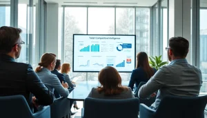 Analyze competitive intelligence in a team meeting setting with digital presentations and professionals engaged.