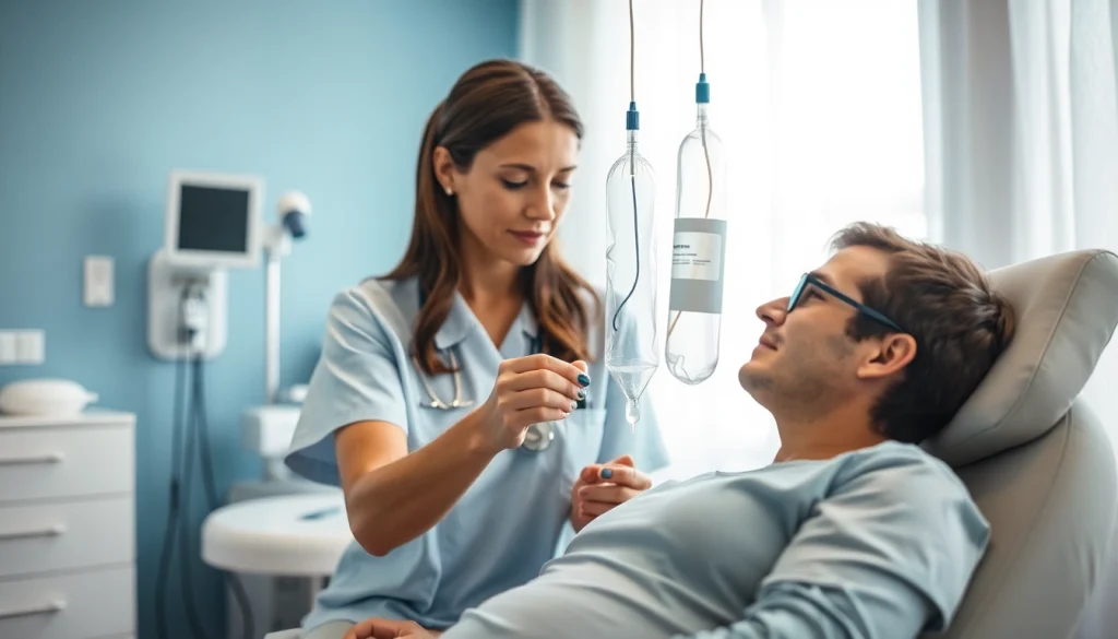 NAD IV therapy side effects illustrated through a nurse preparing treatment with a patient in a relaxed environment.